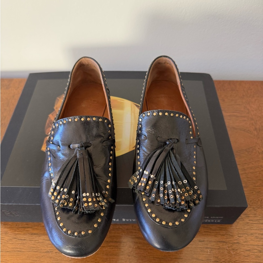 Laurence Bras Black Leather Studded Tassel Loafers 37